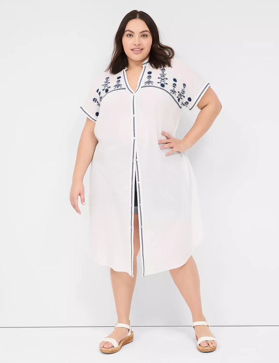 Lane Bryant Embroidered Cap-Sleeve Overpiece Women Robe White | JBY544KB