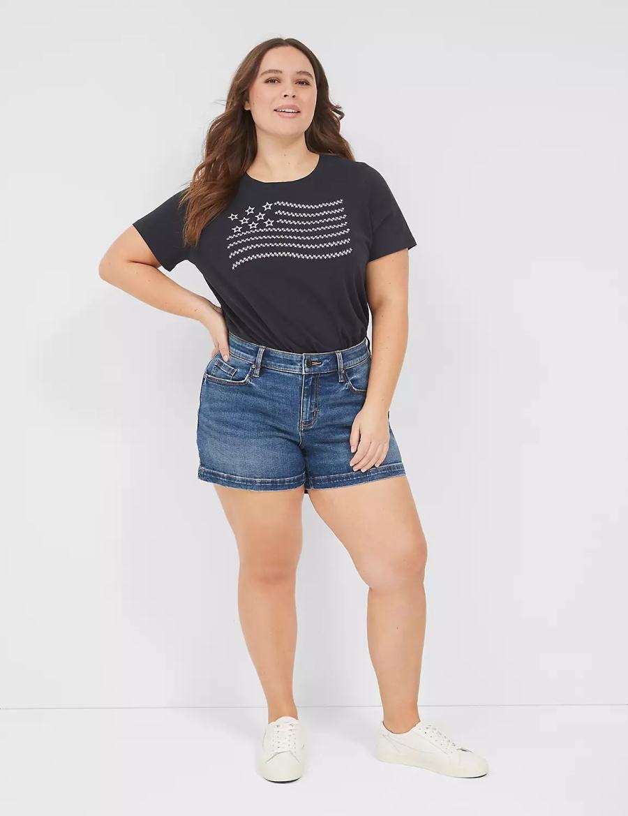 Lane Bryant Embroidered Flag Graphic Tee Women T Shirts Black | AUG3010NE