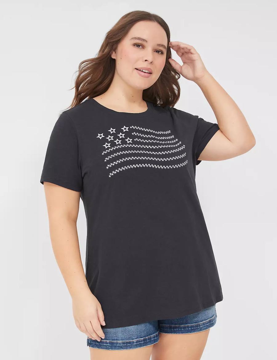 Lane Bryant Embroidered Flag Graphic Tee Women T Shirts Black | AUG3010NE