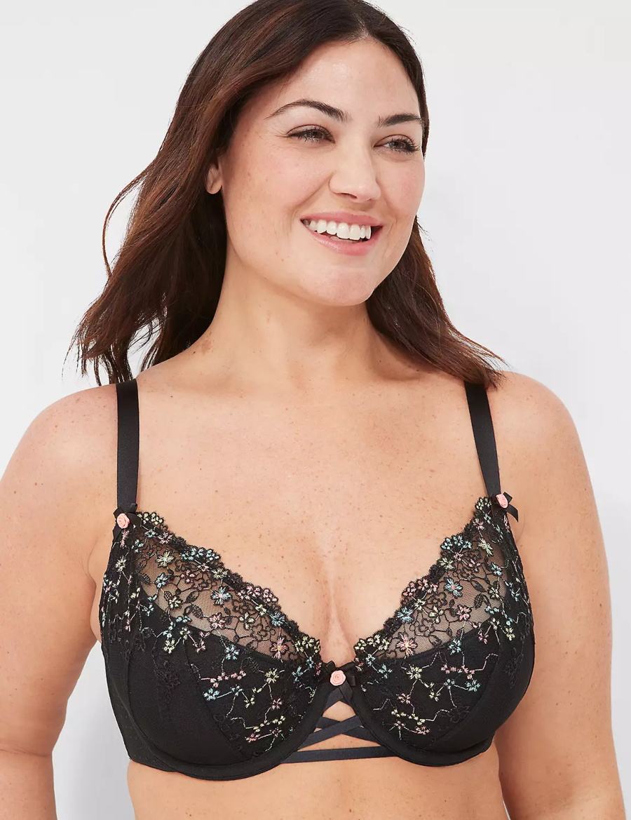 Lane Bryant Embroidered French Women Balconette Bra Black | RYY9474HD