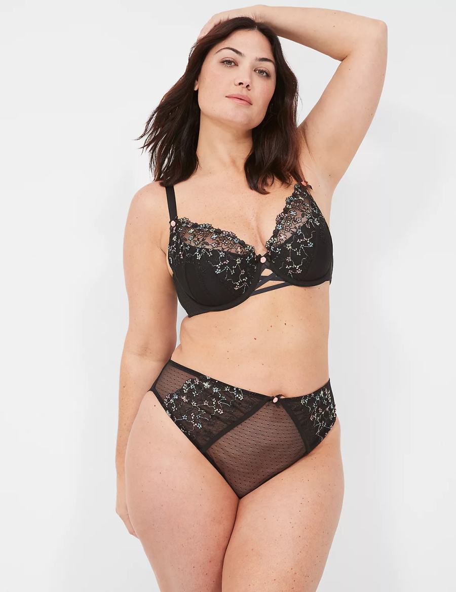 Lane Bryant Embroidered French Women Balconette Bra Black | RYY9474HD