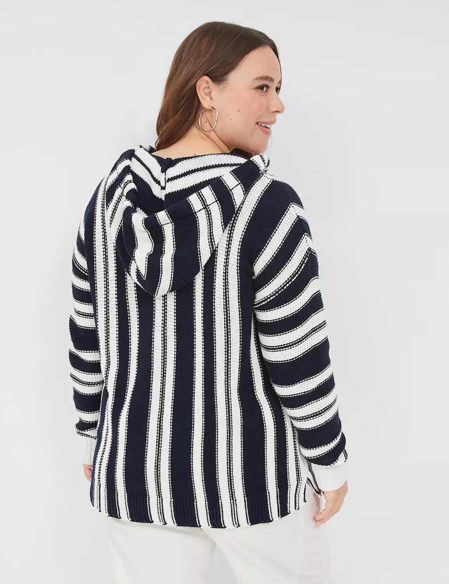 Lane Bryant Embroidered Hooded Pullover Women Sweaters Black White Stripes | NXB7026ZU