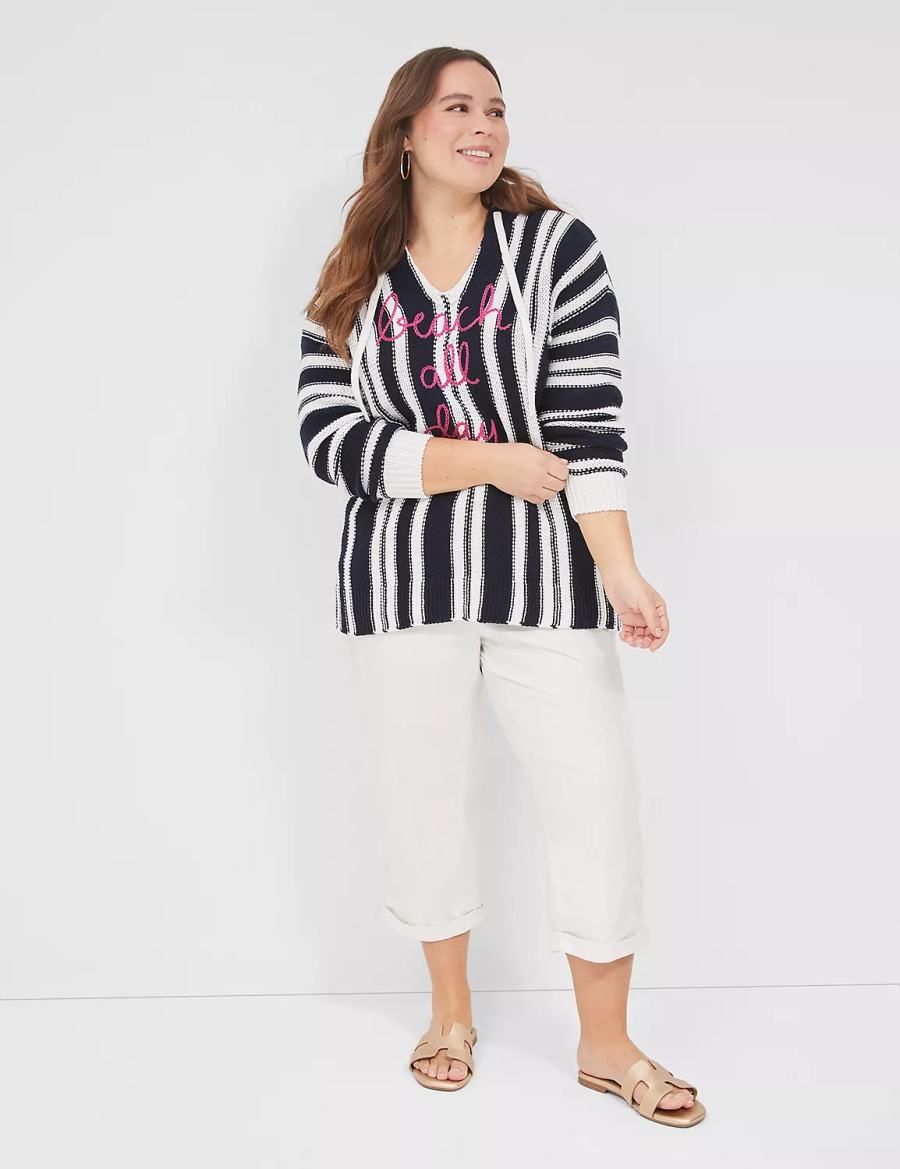 Lane Bryant Embroidered Hooded Pullover Women Sweaters Black White Stripes | NXB7026ZU