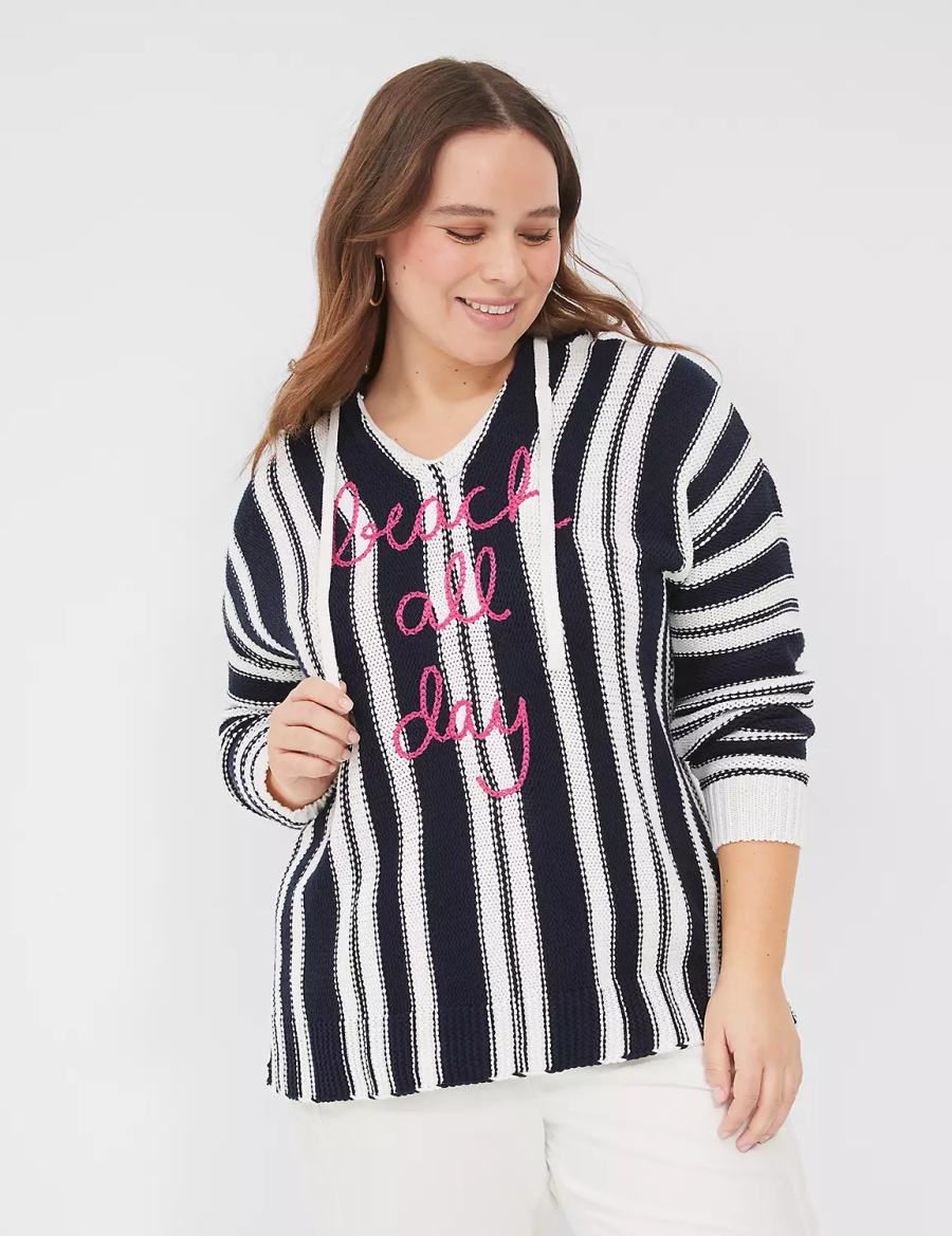 Lane Bryant Embroidered Hooded Pullover Women Sweaters Black White Stripes | NXB7026ZU