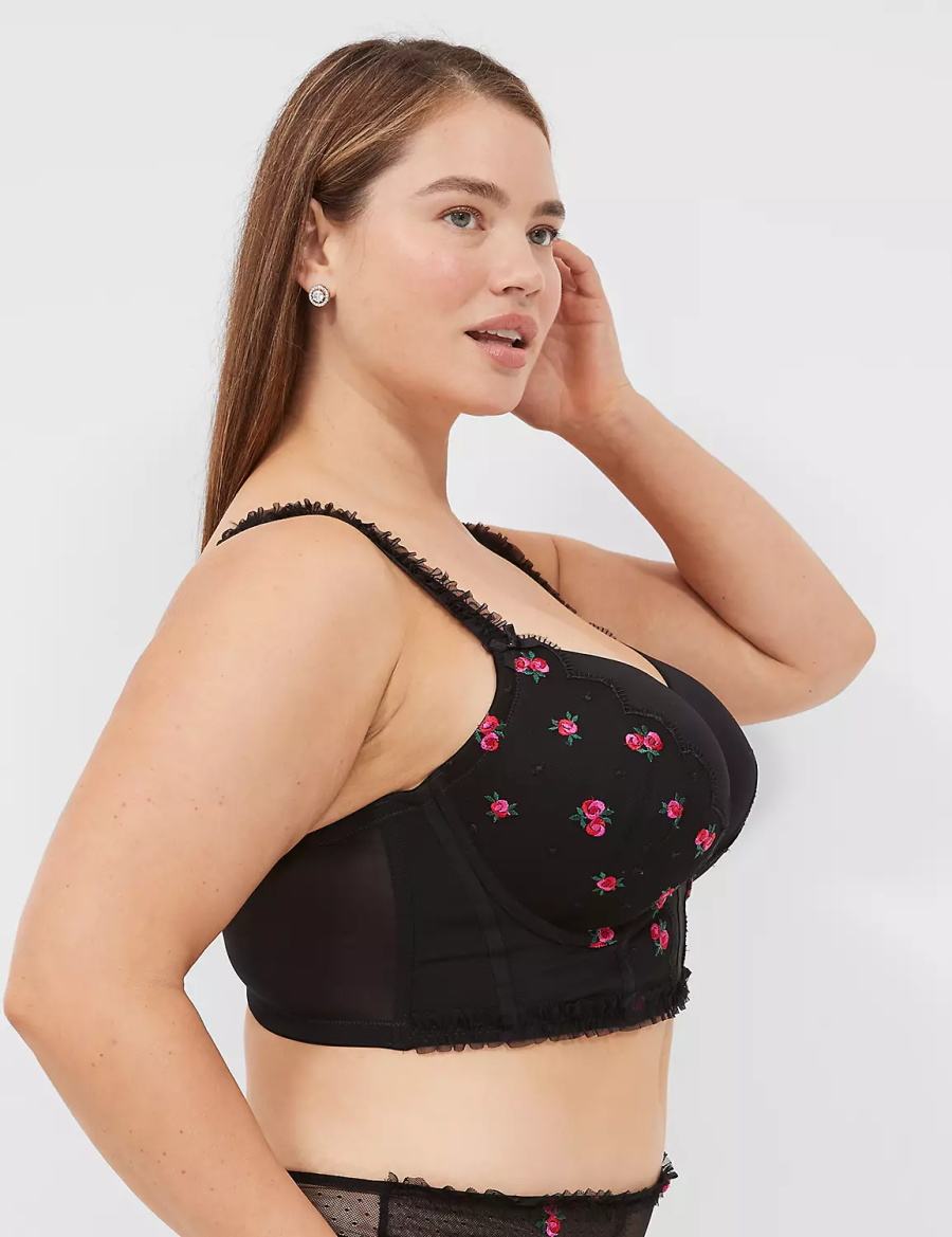 Lane Bryant Embroidered Ruffle-Trim Longline Boost Women Balconette Bra Black | CNM388RQ