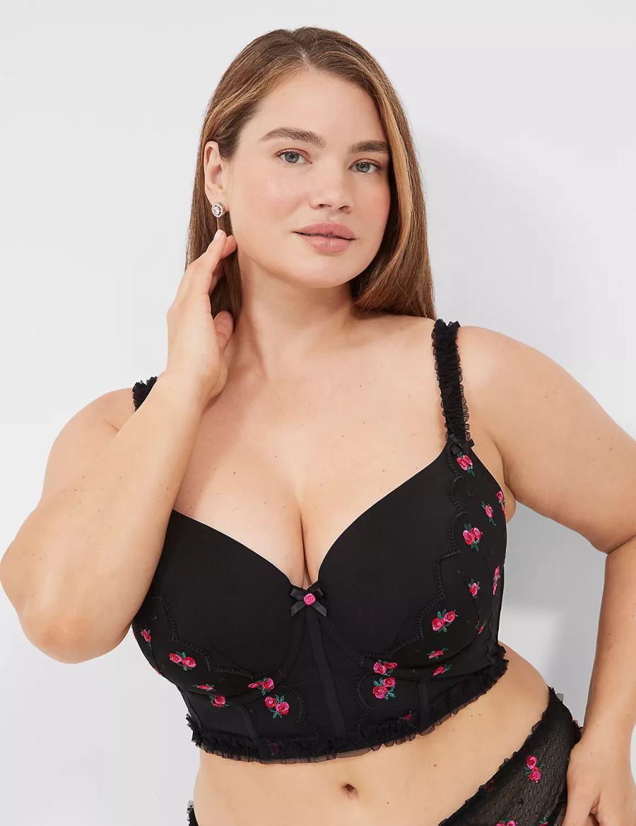 Lane Bryant Embroidered Ruffle-Trim Longline Boost Women Balconette Bra Black | CNM388RQ