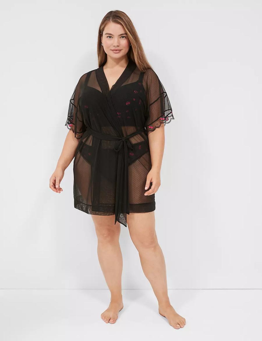 Lane Bryant Embroidered Trim Women Robe Black | HAF2714YJ