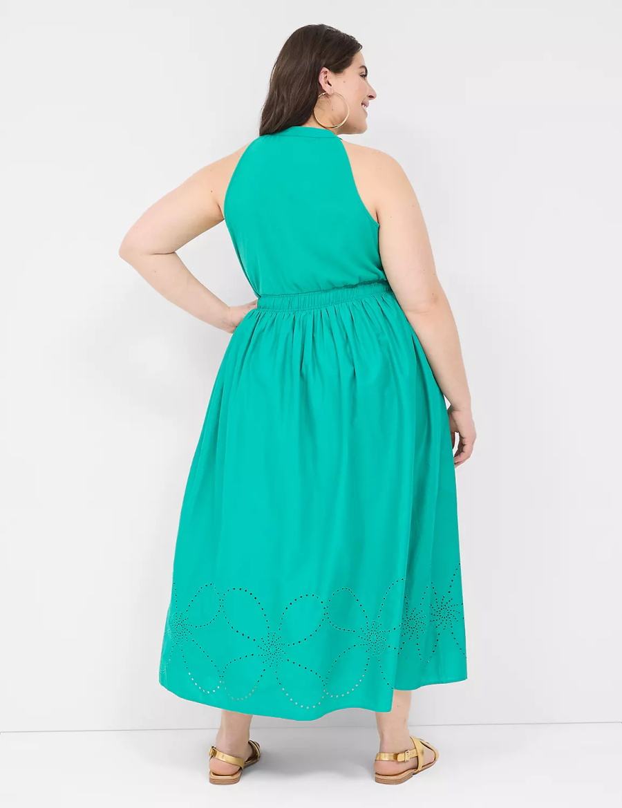 Lane Bryant Eyelet-Detail Split-Neck Women Maxi Dress Light Turquoise | ODU9773TR