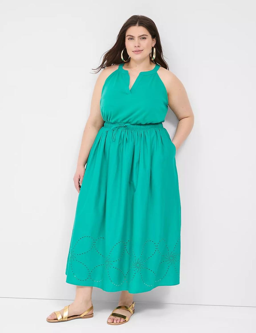 Lane Bryant Eyelet-Detail Split-Neck Women Maxi Dress Light Turquoise | ODU9773TR