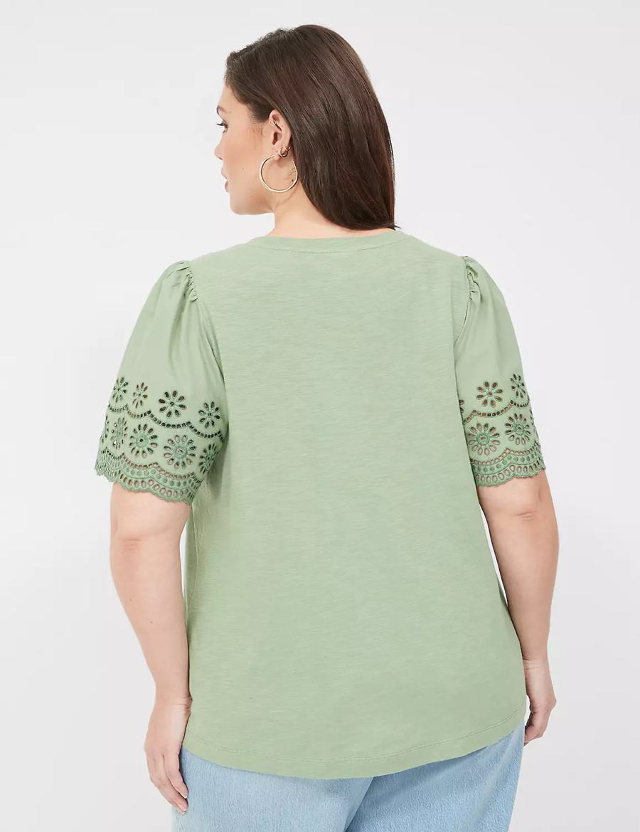 Lane Bryant Eyelet-Sleeve Crew-Neck Knit Tee Women Tank Top Light Green | PVH1670FJ