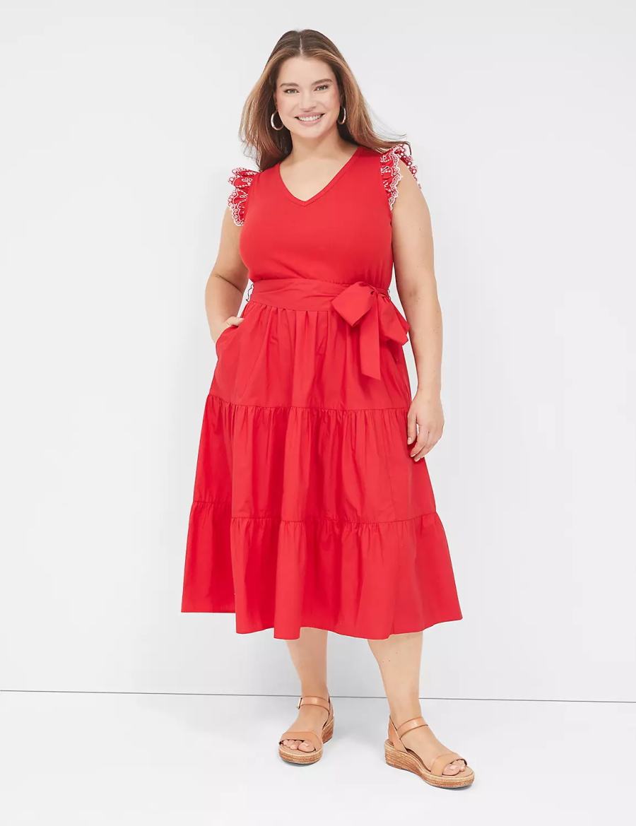 Lane Bryant Eyelet-Sleeveed Women Midi Dress Red | EJP103QA