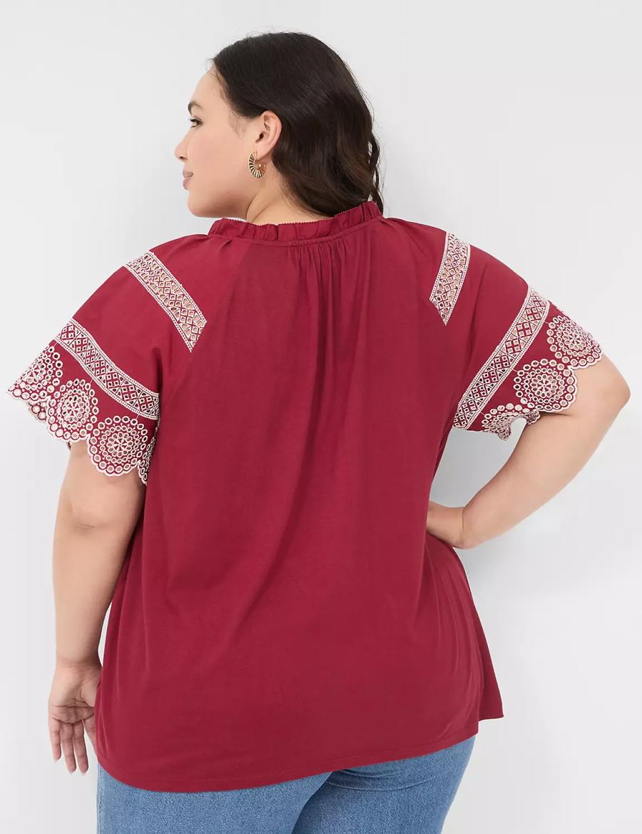 Lane Bryant Eyelet Short-Sleeve Knit Top Women T Shirts Deep Red | QKX7024QA