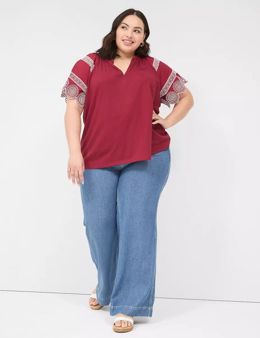 Lane Bryant Eyelet Short-Sleeve Knit Top Women T Shirts Deep Red | QKX7024QA