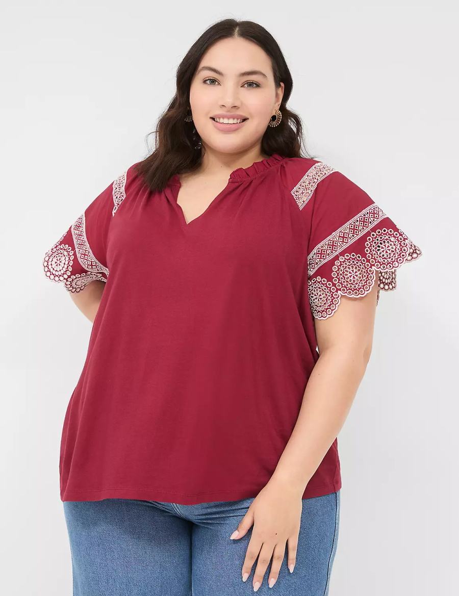 Lane Bryant Eyelet Short-Sleeve Knit Top Women T Shirts Deep Red | QKX7024QA