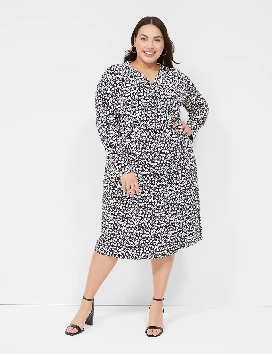 Lane Bryant Faux-Wrap Collar Jersey Women Midi Dress Navy | CEW2345ZC