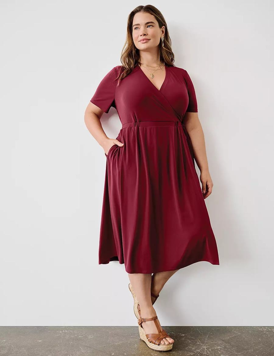 Lane Bryant Faux-Wrap Jersey Women Midi Dress Deep Red | UEN8925LY