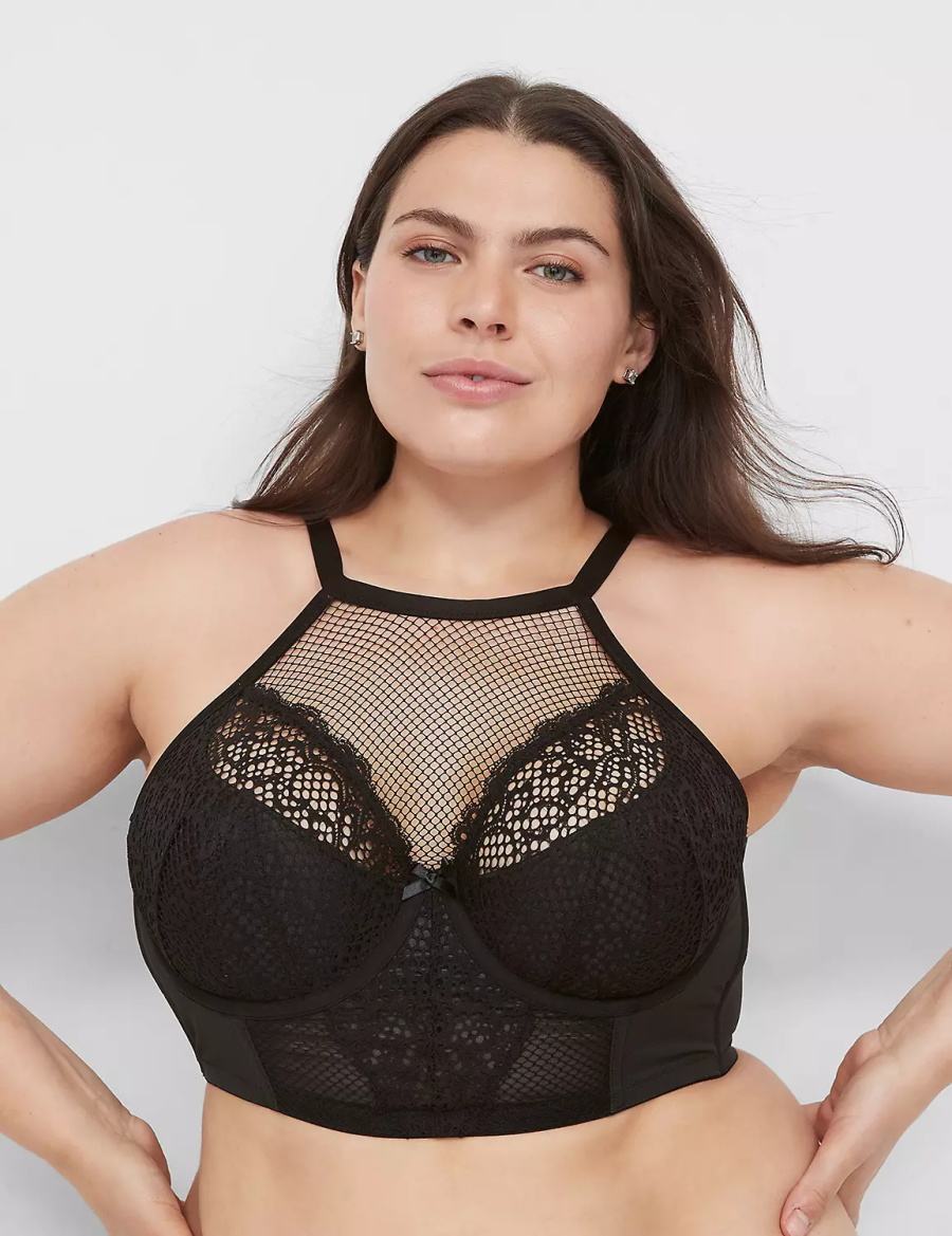 Lane Bryant Fishnet High-Neck French Women Balconette Bra Black | TXA3097JH