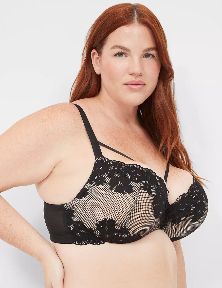 Lane Bryant Fishnet Lace Max Boost Plunge Women Bralettes Black | MYI1758KF