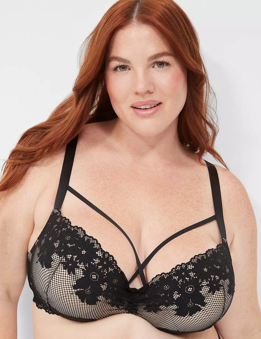 Lane Bryant Fishnet Lace Max Boost Plunge Women Bralettes Black | MYI1758KF