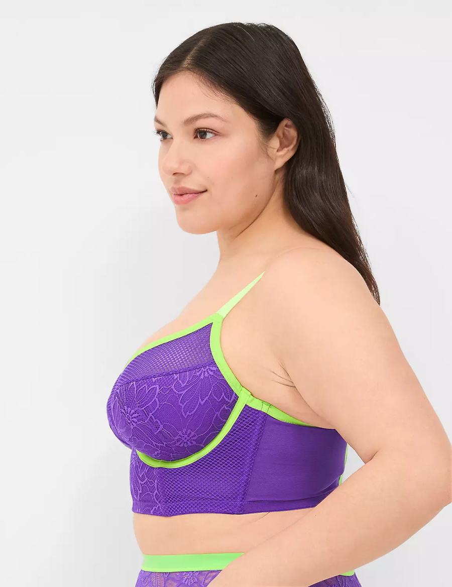 Lane Bryant Fishnet & Lace Lightly Lined Demi Longline Women Bralettes Purple | SIS9557MA