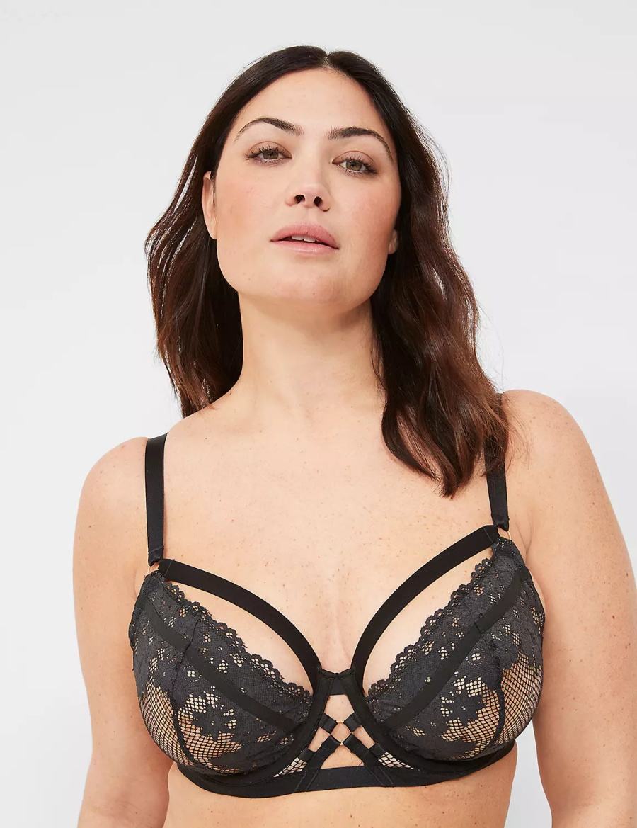 Lane Bryant Fishnet & Lace Unlined Women Balconette Bra Black | ZMO767NC