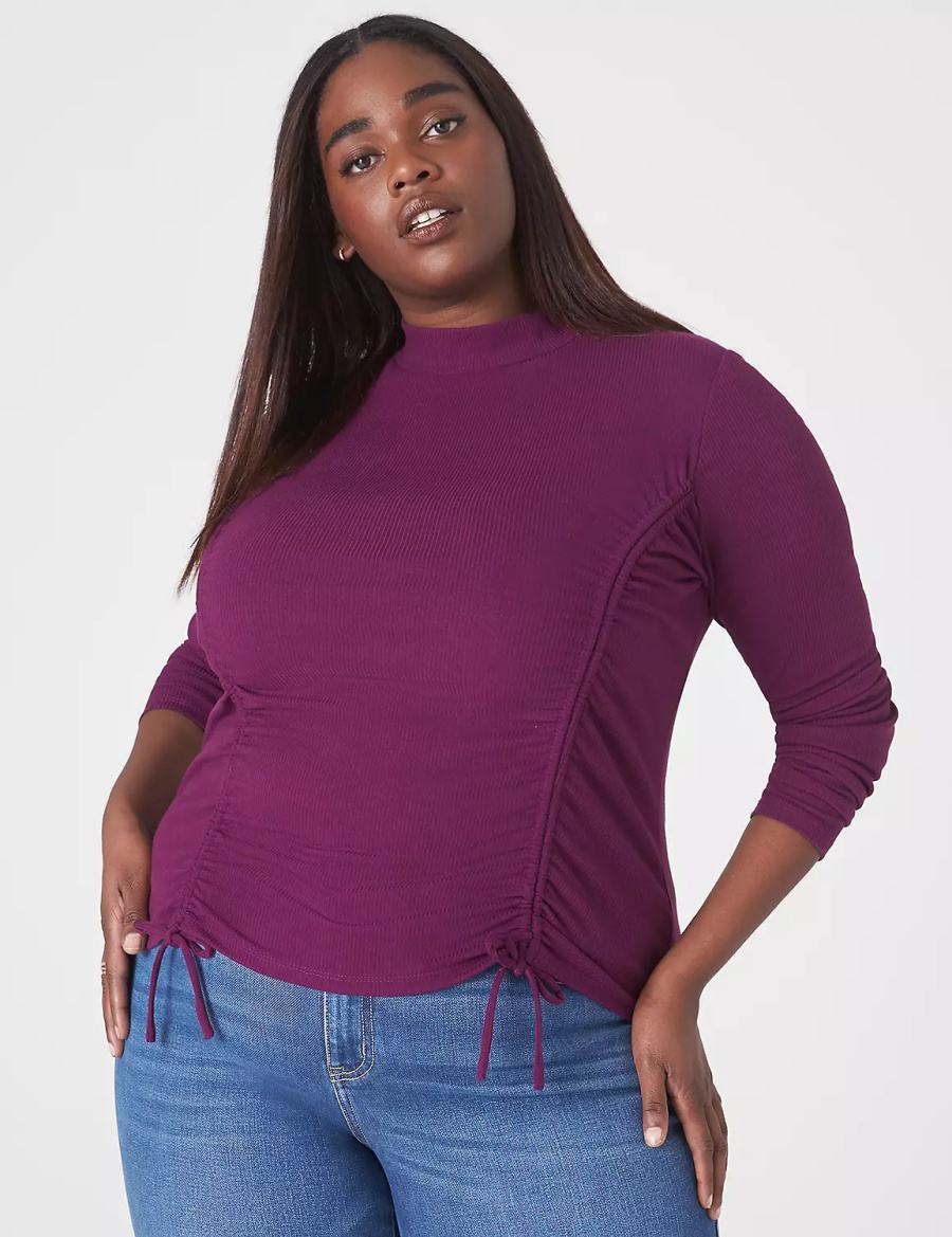 Lane Bryant Fitted Crop Mock-Neck Double-Drawcord Tee Women T Shirts Dark Purple | VJR4382SI