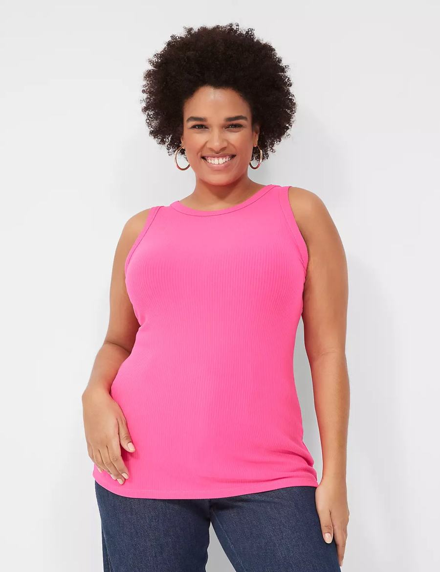 Lane Bryant Fitted High-Neck Rib Women Tank Top Pink | CPA3457NQ