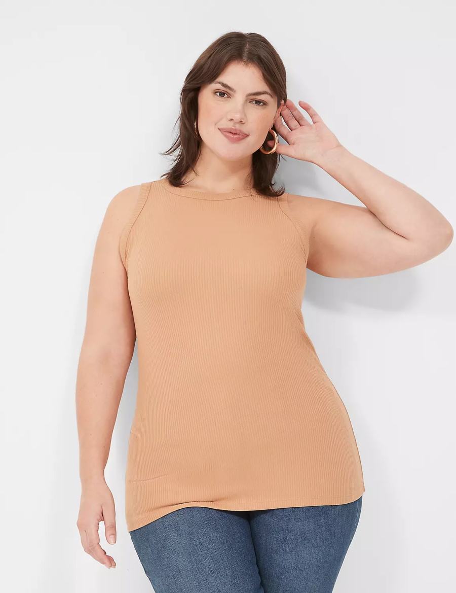 Lane Bryant Fitted High-Neck Rib Women Tank Top Brown | RYG6769OL