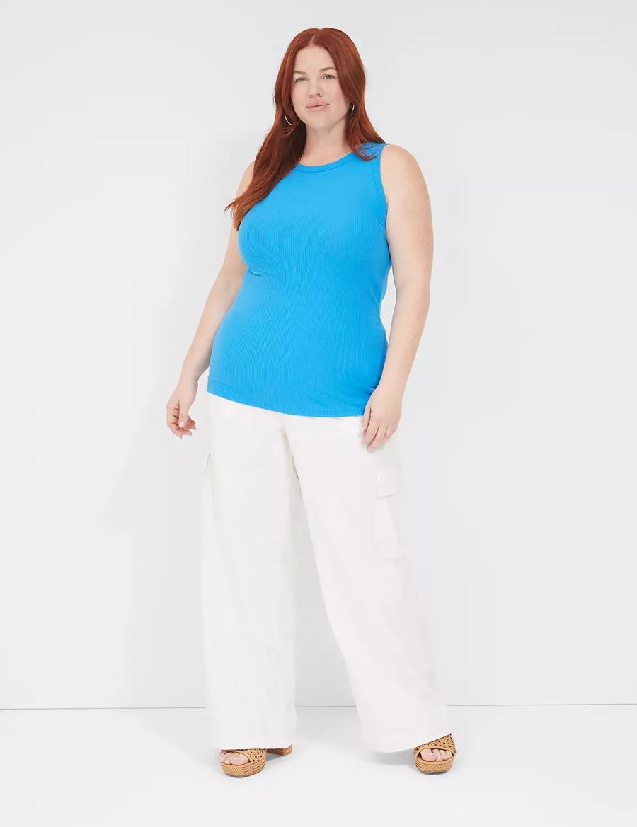 Lane Bryant Fitted High-Neck Rib Women Tank Top Blue | GUV2647IX