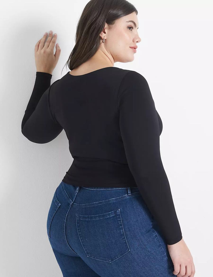 Lane Bryant Fitted Long-Sleeve Crop Tee Women T Shirts Black | OLM5613OW