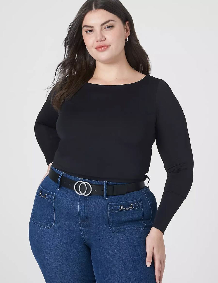 Lane Bryant Fitted Long-Sleeve Crop Tee Women T Shirts Black | OLM5613OW