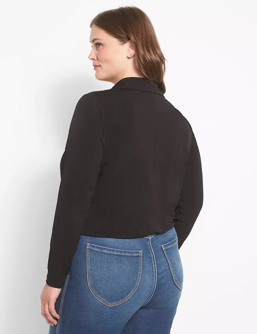 Lane Bryant Fitted Long-Sleeve Surplice Collar Crop Women Shirts Black | TXV696OZ