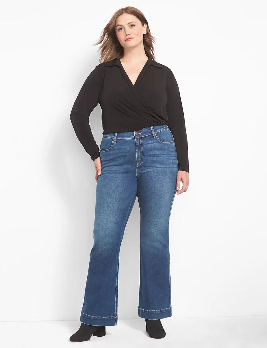 Lane Bryant Fitted Long-Sleeve Surplice Collar Crop Women Shirts Black | TXV696OZ