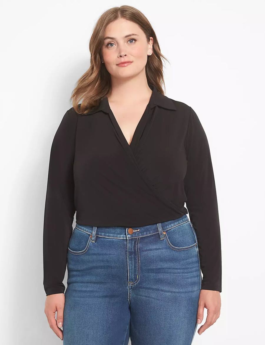 Lane Bryant Fitted Long-Sleeve Surplice Collar Crop Women Shirts Black | TXV696OZ