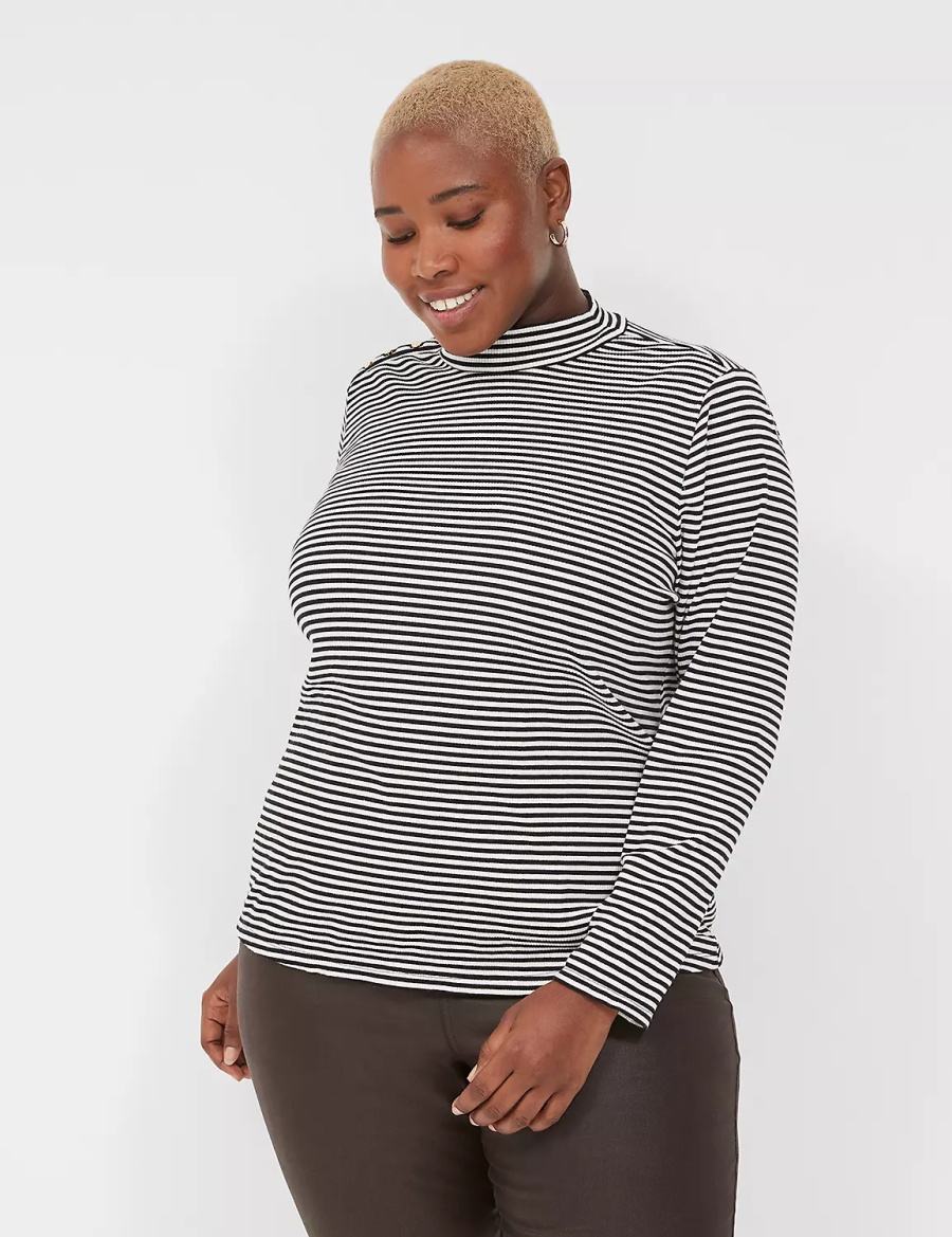 Lane Bryant Fitted Long-Sleeve Turtleneck Top Women T Shirts Black White Stripes | UOE3199FP