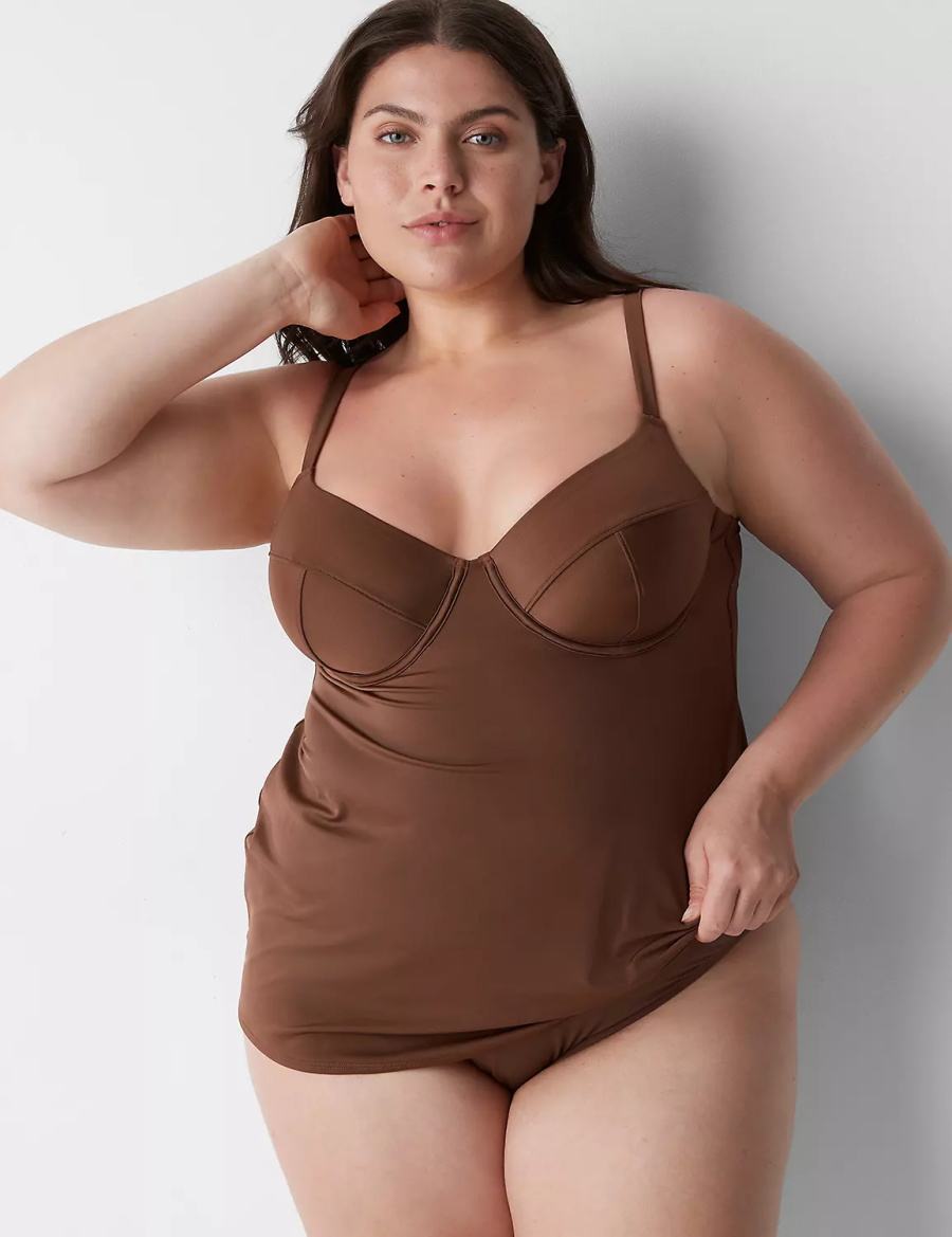 Lane Bryant Fitted Underwire Balconette Swim Tankini Women Bikini Top Dark Brown | NSP507WH