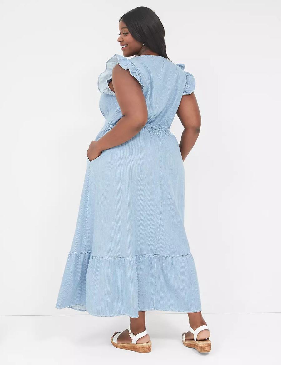 Lane Bryant Flutter-Sleeve Button-Front Denim Women Maxi Dress Blue Stripes | TJU3238HU