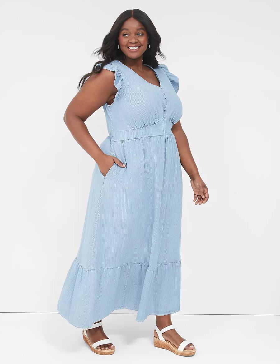 Lane Bryant Flutter-Sleeve Button-Front Denim Women Maxi Dress Blue Stripes | TJU3238HU