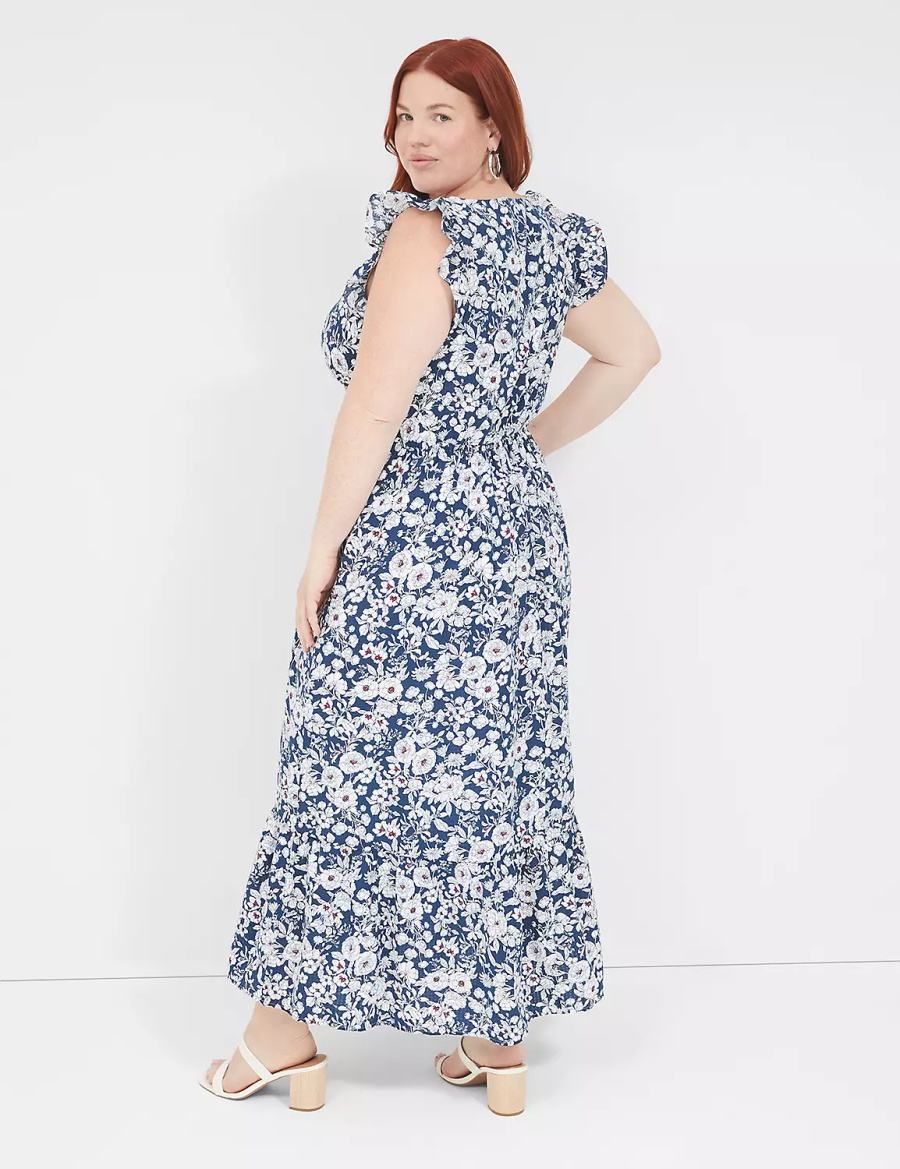 Lane Bryant Flutter-Sleeve Button-Front Women Maxi Dress Blue | VCM529SW