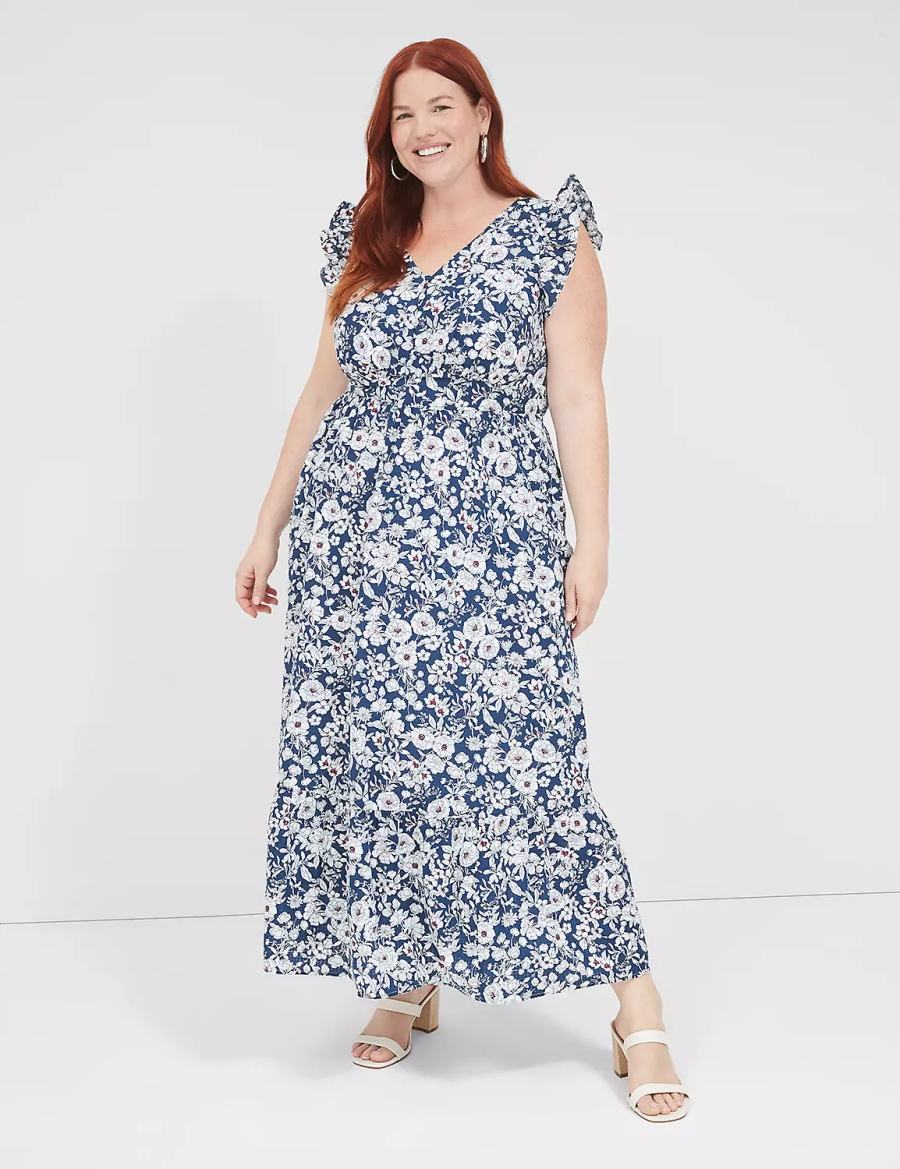 Lane Bryant Flutter-Sleeve Button-Front Women Maxi Dress Blue | VCM529SW