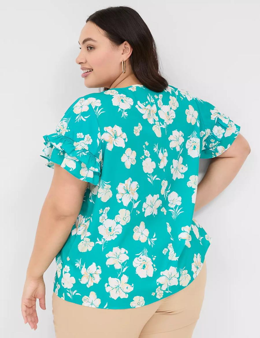 Lane Bryant Flutter-Sleeve Crew-Neck Top Women T Shirts Turquoise | SOB5122BV