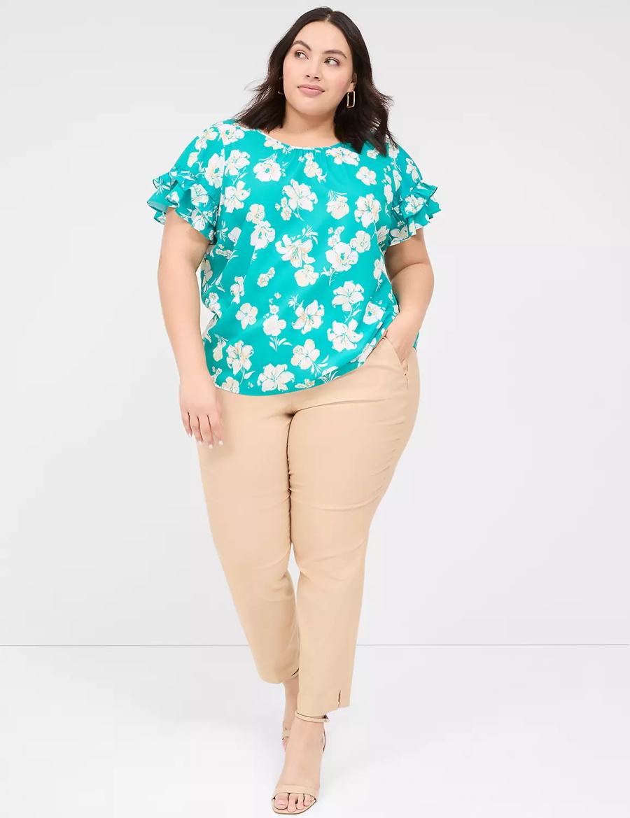 Lane Bryant Flutter-Sleeve Crew-Neck Top Women T Shirts Turquoise | SOB5122BV