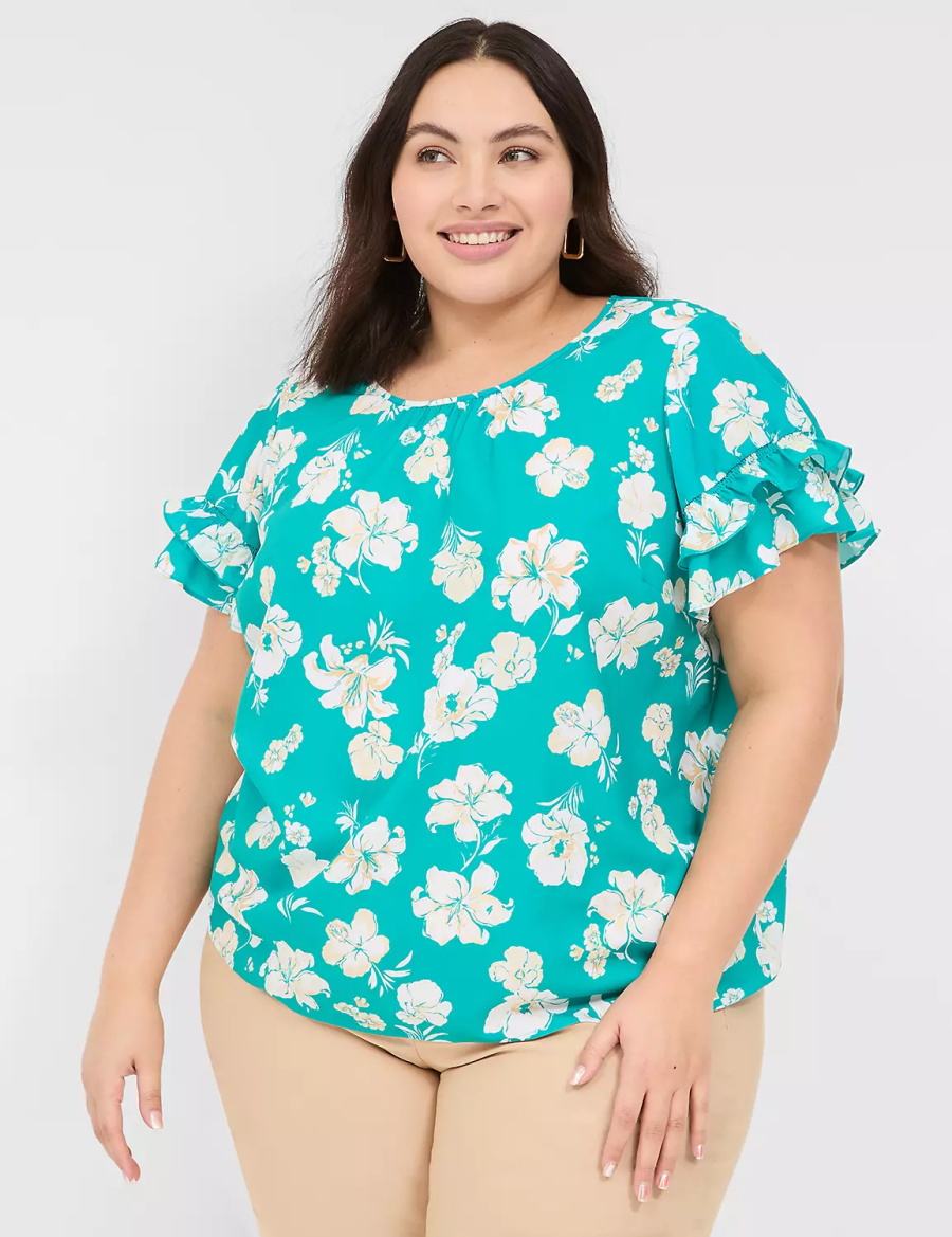 Lane Bryant Flutter-Sleeve Crew-Neck Top Women T Shirts Turquoise | SOB5122BV