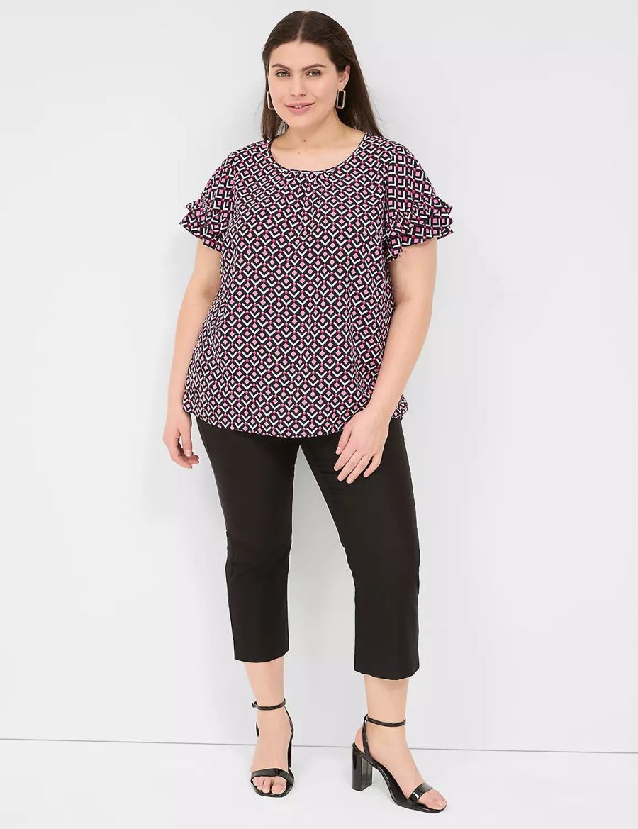 Lane Bryant Flutter-Sleeve Crew-Neck Top Women T Shirts Pink Navy | ZDV7754KP