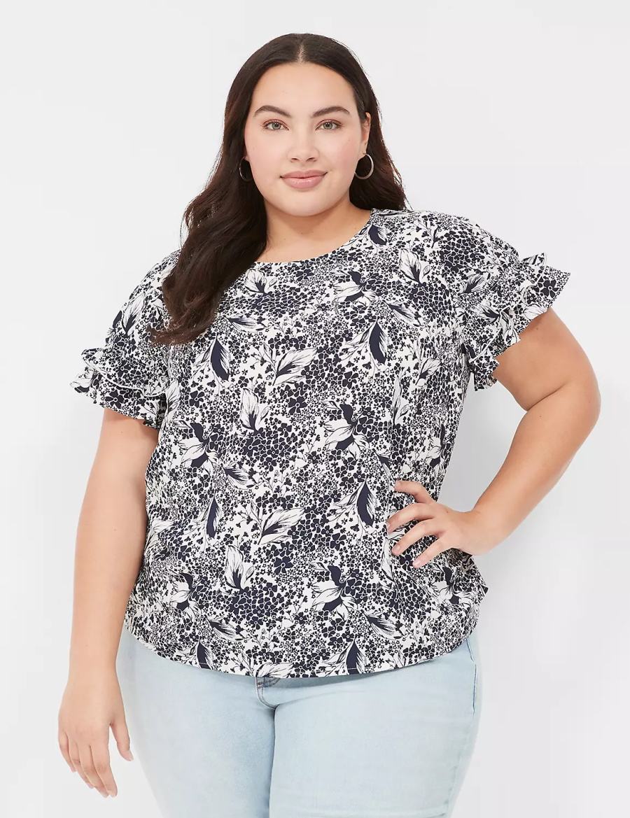 Lane Bryant Flutter-Sleeve Crew-Neck Top Women T Shirts Navy Cream | WUB7471WC