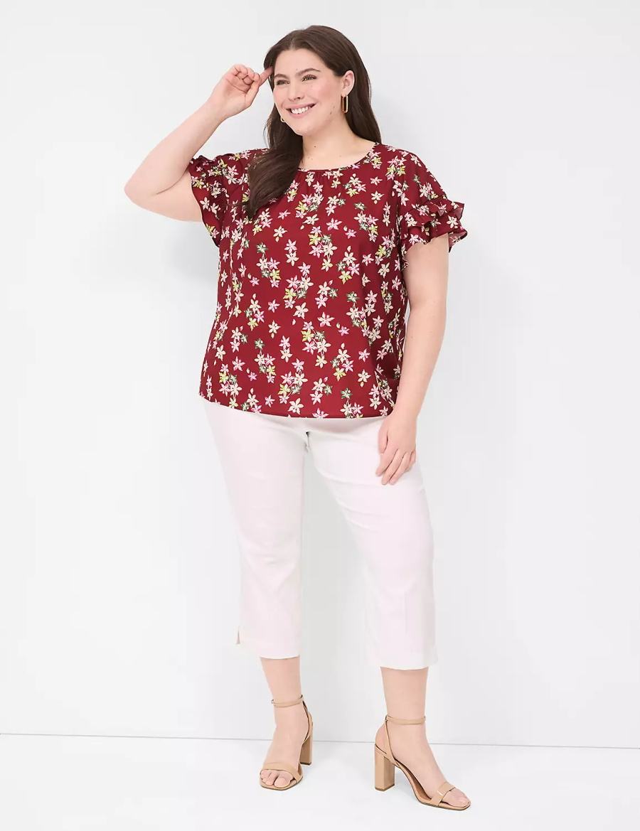 Lane Bryant Flutter-Sleeve Crew-Neck Top Women T Shirts Red Multicolor | KII7499VP