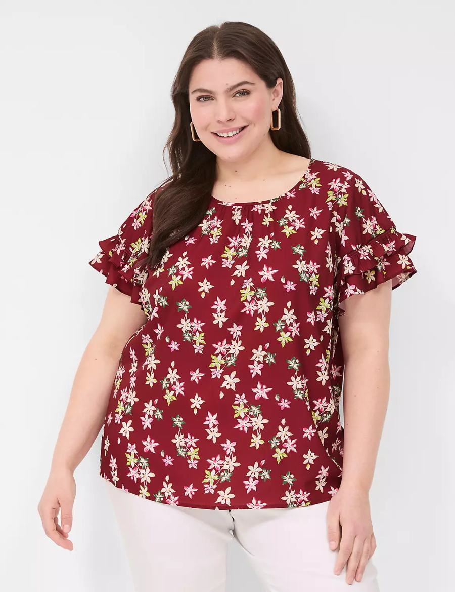 Lane Bryant Flutter-Sleeve Crew-Neck Top Women T Shirts Red Multicolor | KII7499VP