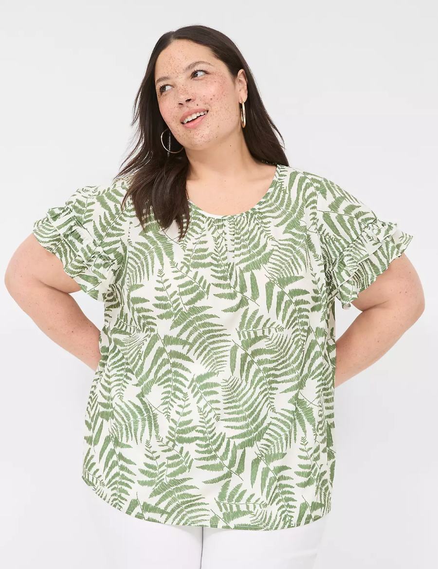 Lane Bryant Flutter-Sleeve Crew-Neck Top Women T Shirts Green | AAM1312VA