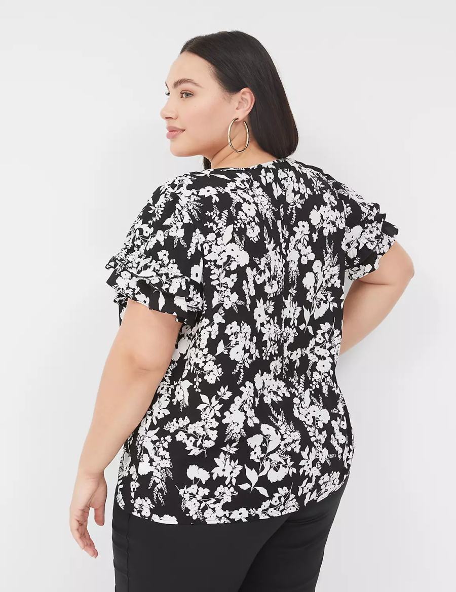 Lane Bryant Flutter-Sleeve Crew-Neck Top Women T Shirts Black | GTW5435AW