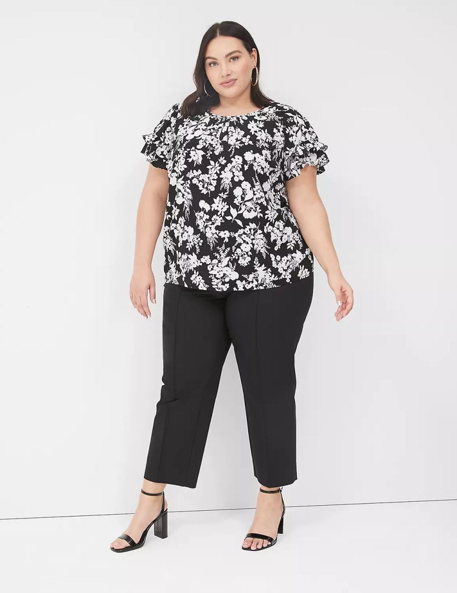 Lane Bryant Flutter-Sleeve Crew-Neck Top Women T Shirts Black | GTW5435AW